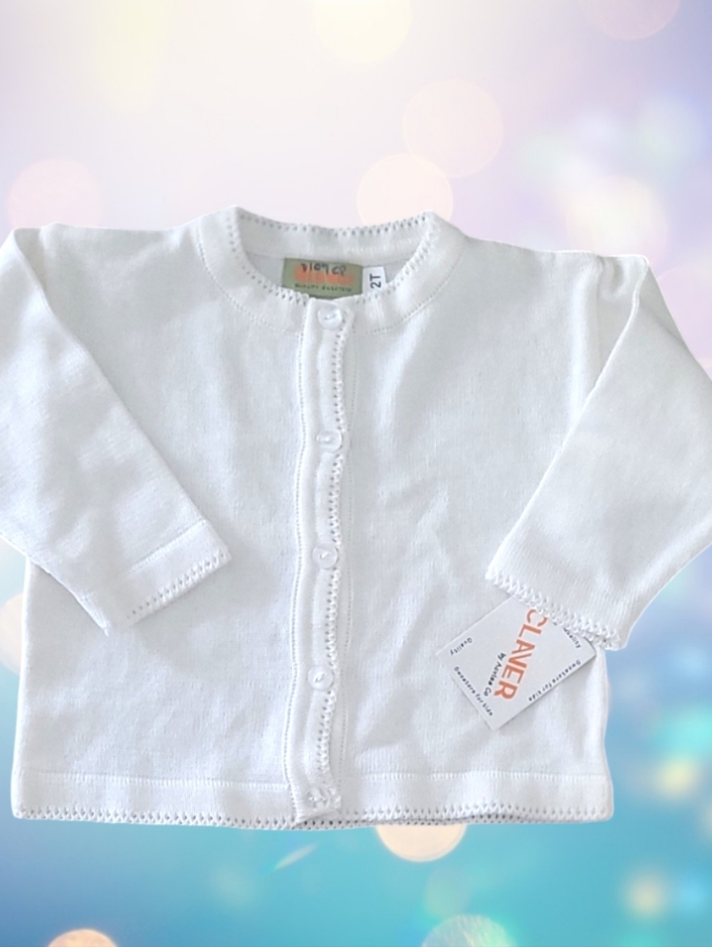 Claver Girl's White Pointelle Cardigan Sweater